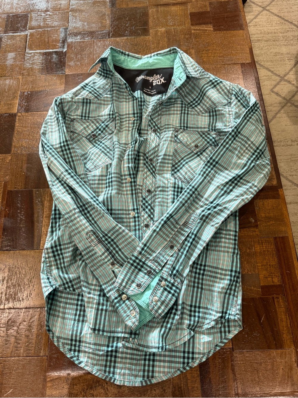Wrangler Teal and Black Plaid Long-Sleeve pearl snap Button-Down Shirt